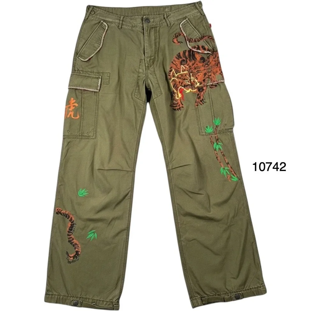 Vintage Polo Ralph Lauren Mens Cargo Pants Hand Painted Tiger Japanese Kanji